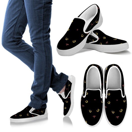 Black Cat Face Print Pattern Men Slip Ons Shoes