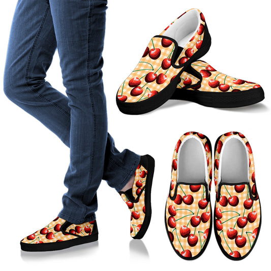 Cherry Orange Plaid Print Men Slip Ons Shoes