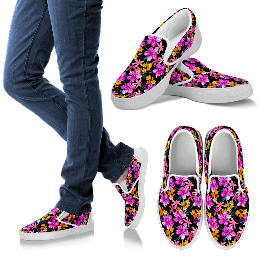 Tropical Folower Pink Hibiscus Print Men Slip Ons Shoes