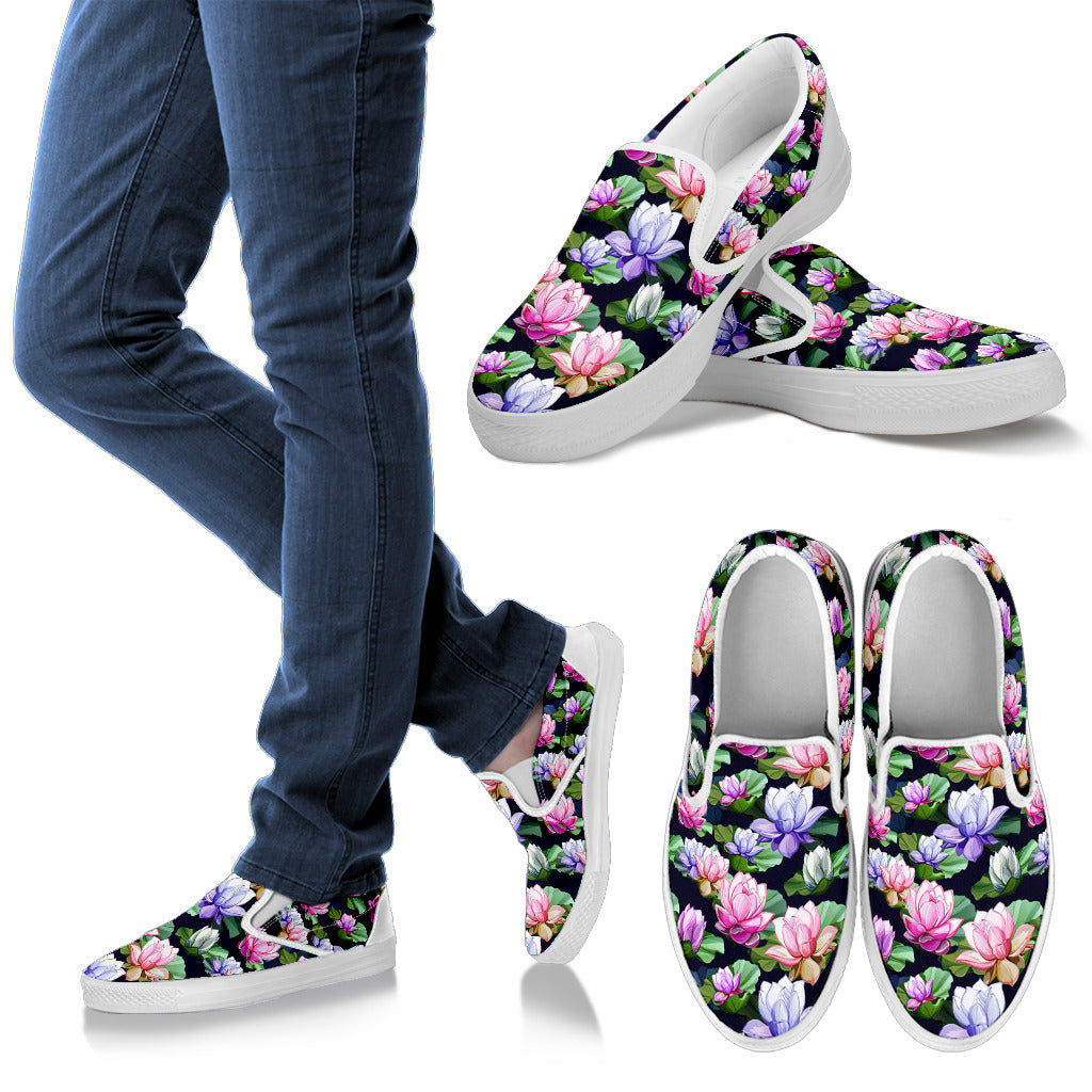 Lotus Flower Print Design Men Slip Ons Shoes