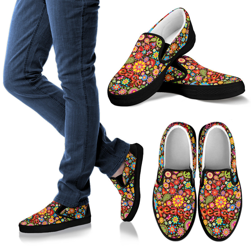 Flower Power Peace Paisley Themed Print Men Slip Ons Shoes