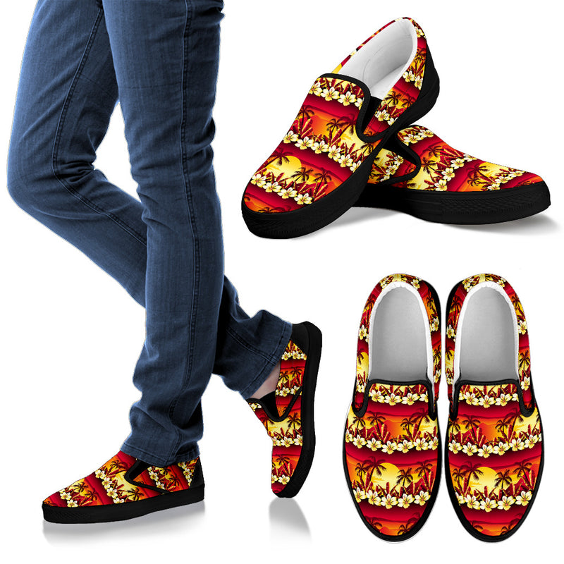 Hawaiian Tropical Sunset Hibiscus Print Men Slip Ons Shoes