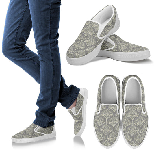 Damask Grey Elegant Print Pattern Men Slip Ons Shoes