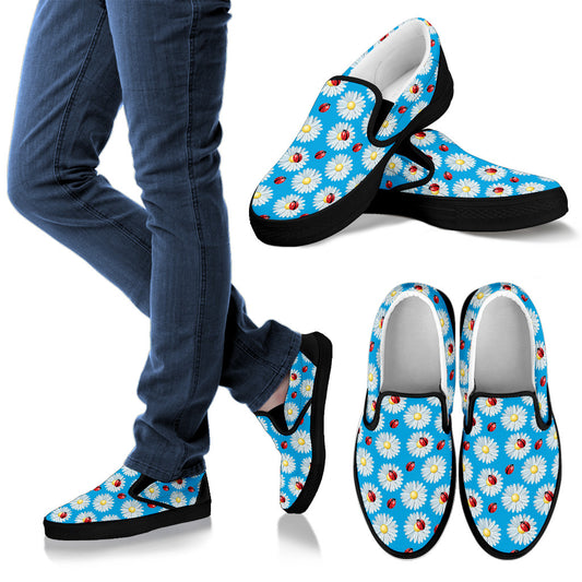 Ladybug with Daisy Themed Print Pattern Men Slip Ons Shoes