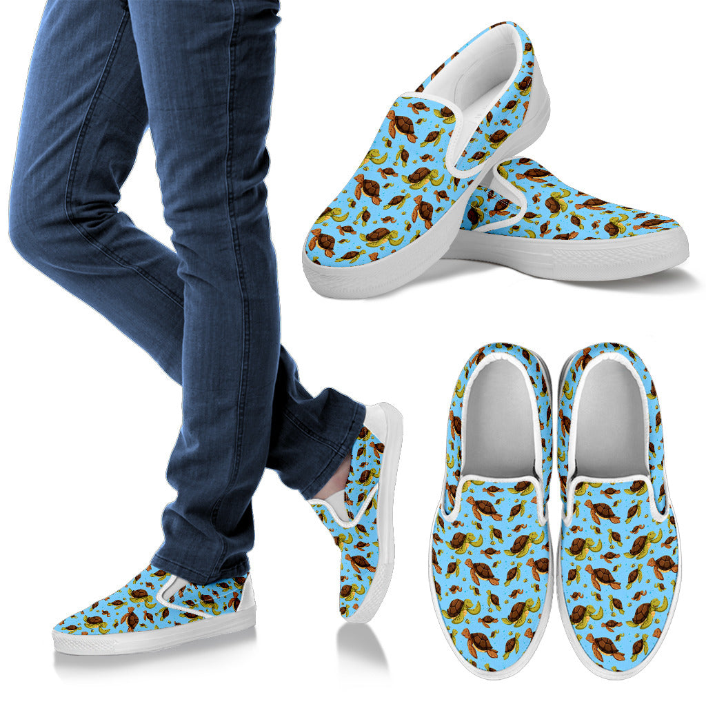 Hello Sea Turtle Print Pattern Men Slip Ons Shoes