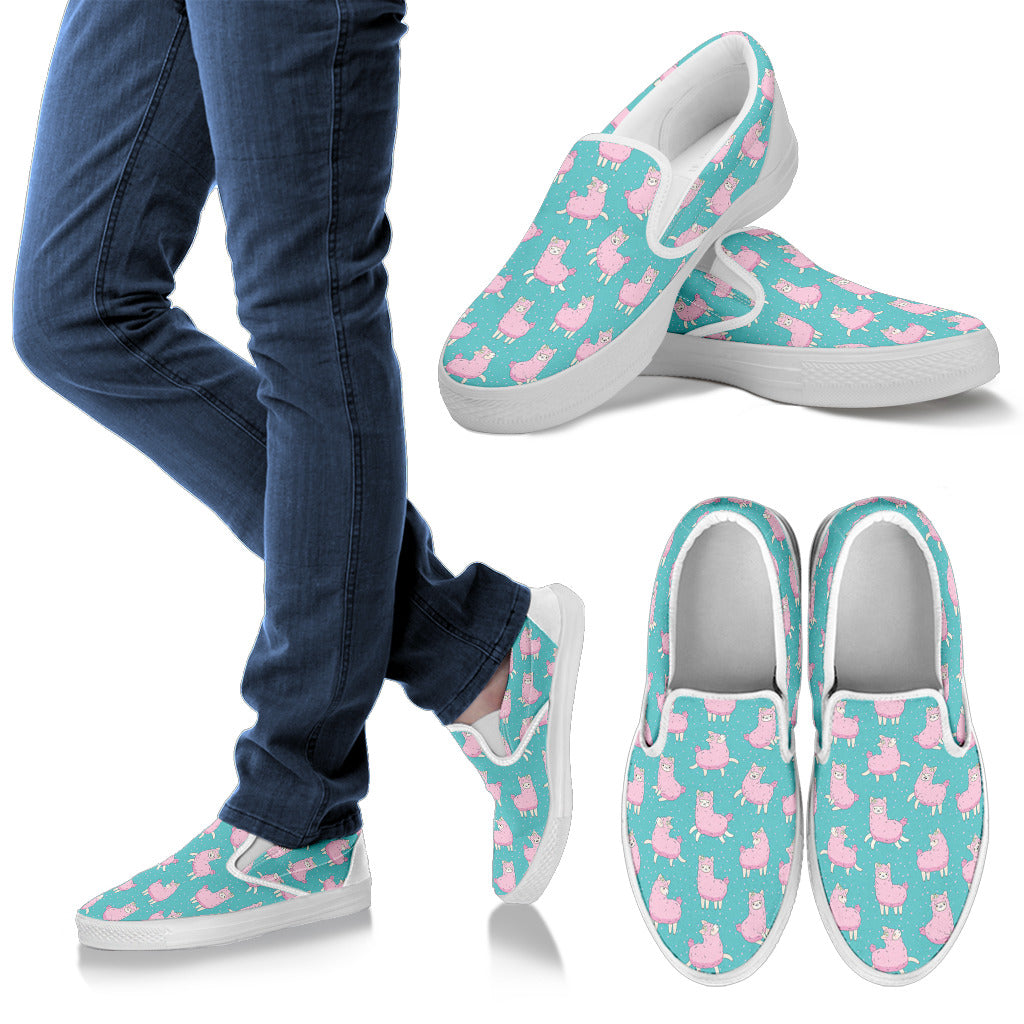 Alpaca Cartoon Design Themed Print Men Slip Ons Shoes