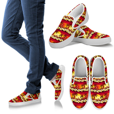 Hawaiian Tropical Sunset Hibiscus Print Men Slip Ons Shoes