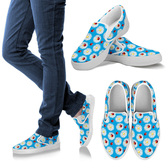 Ladybug with Daisy Themed Print Pattern Men Slip Ons Shoes