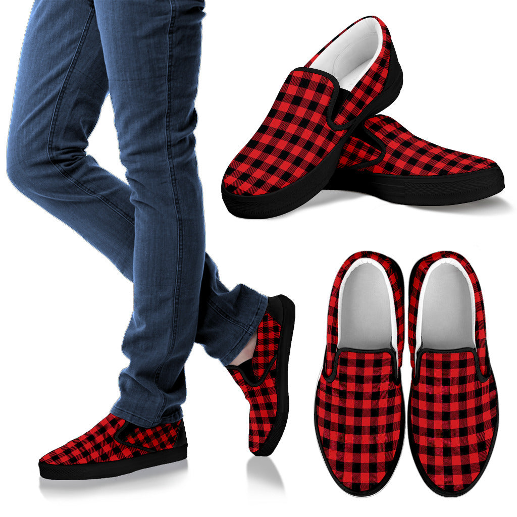 Red Black Buffalo Tartan Plaid Pattern Men Slip Ons Shoes
