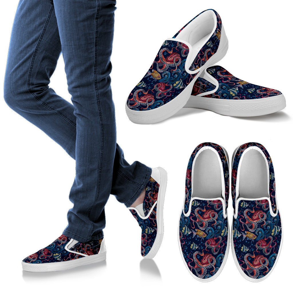 Octopus Deep Sea Print Themed Men Slip Ons Shoes