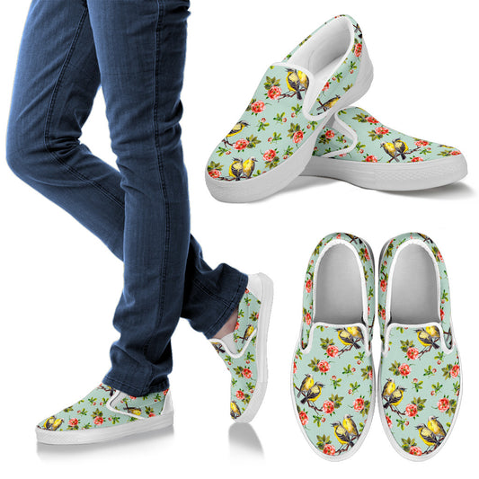 Bird with Red Flower Print Pattern Men Slip Ons Shoes