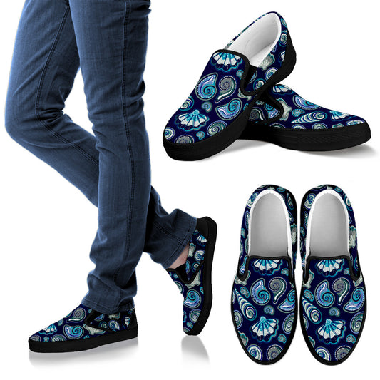 Beach Seashell Blue Print Men Slip Ons Shoes