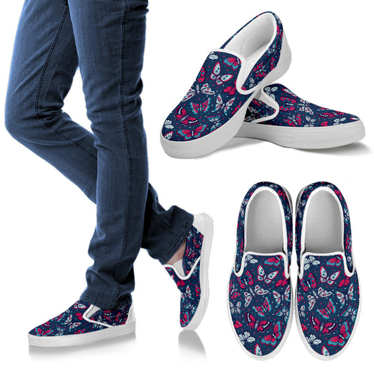 Butterfly Red Deep Blue Print Pattern Men Slip Ons Shoes