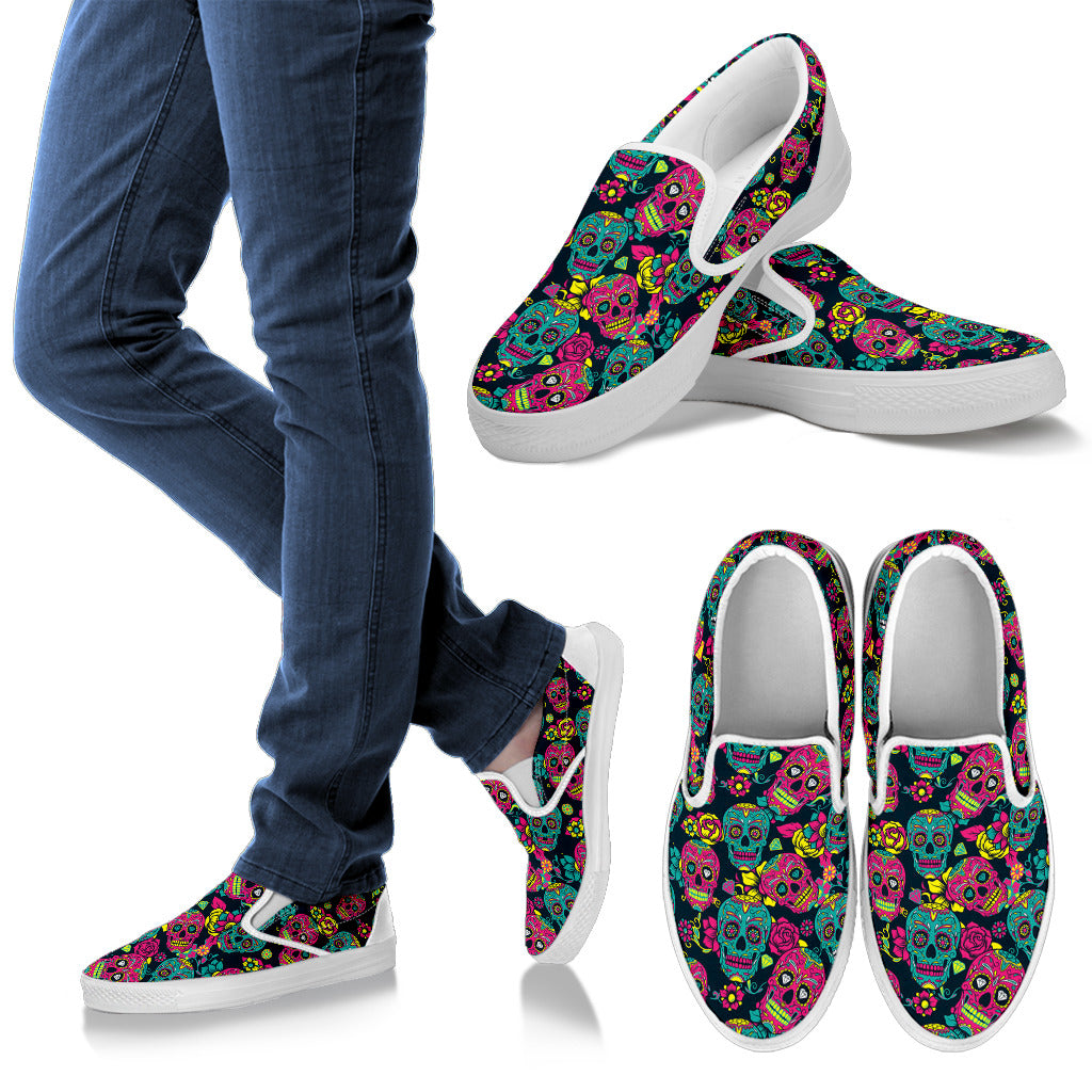 Sugar Skull Floral Design Themed Print Men Slip Ons Shoes