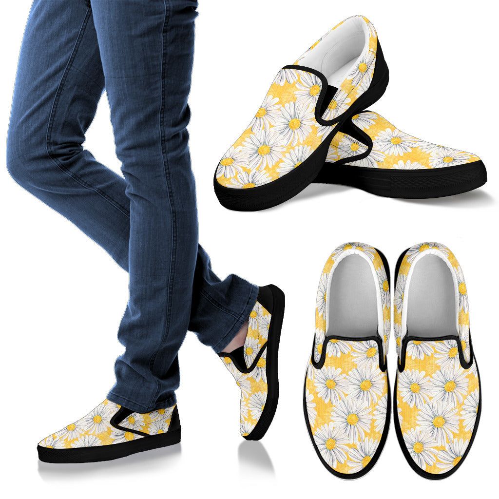 Daisy Yellow Watercolor Print Pattern Men Slip Ons Shoes