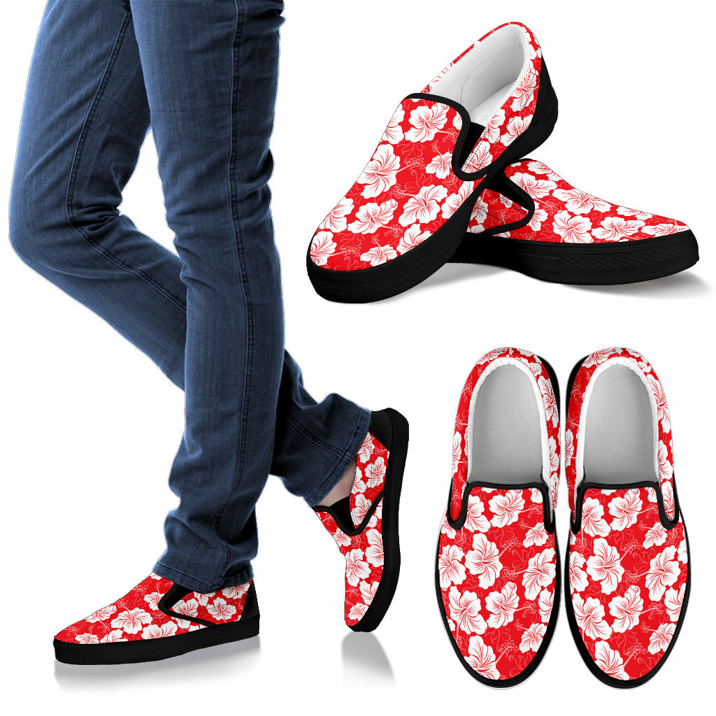 Flower Hawaiian Hibiscus Red Background Print Men Slip Ons Shoes