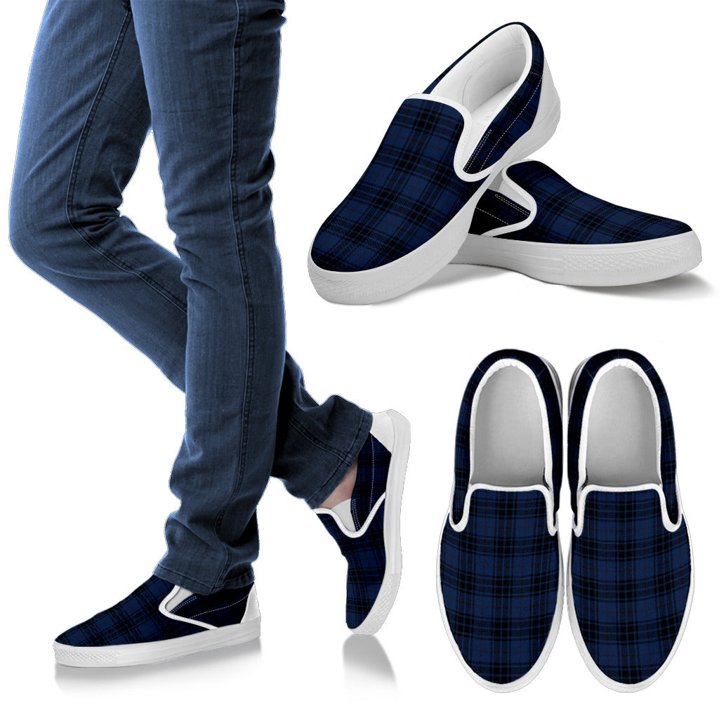 Navy Blue Tartan Plaid Pattern Men Slip Ons Shoes