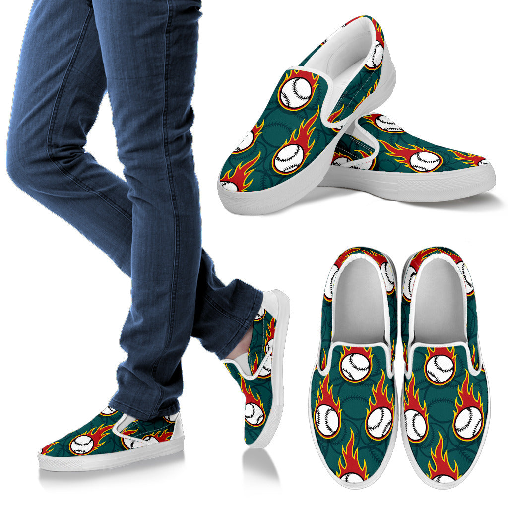 Baseball Fire Print Pattern Men Slip Ons Shoes