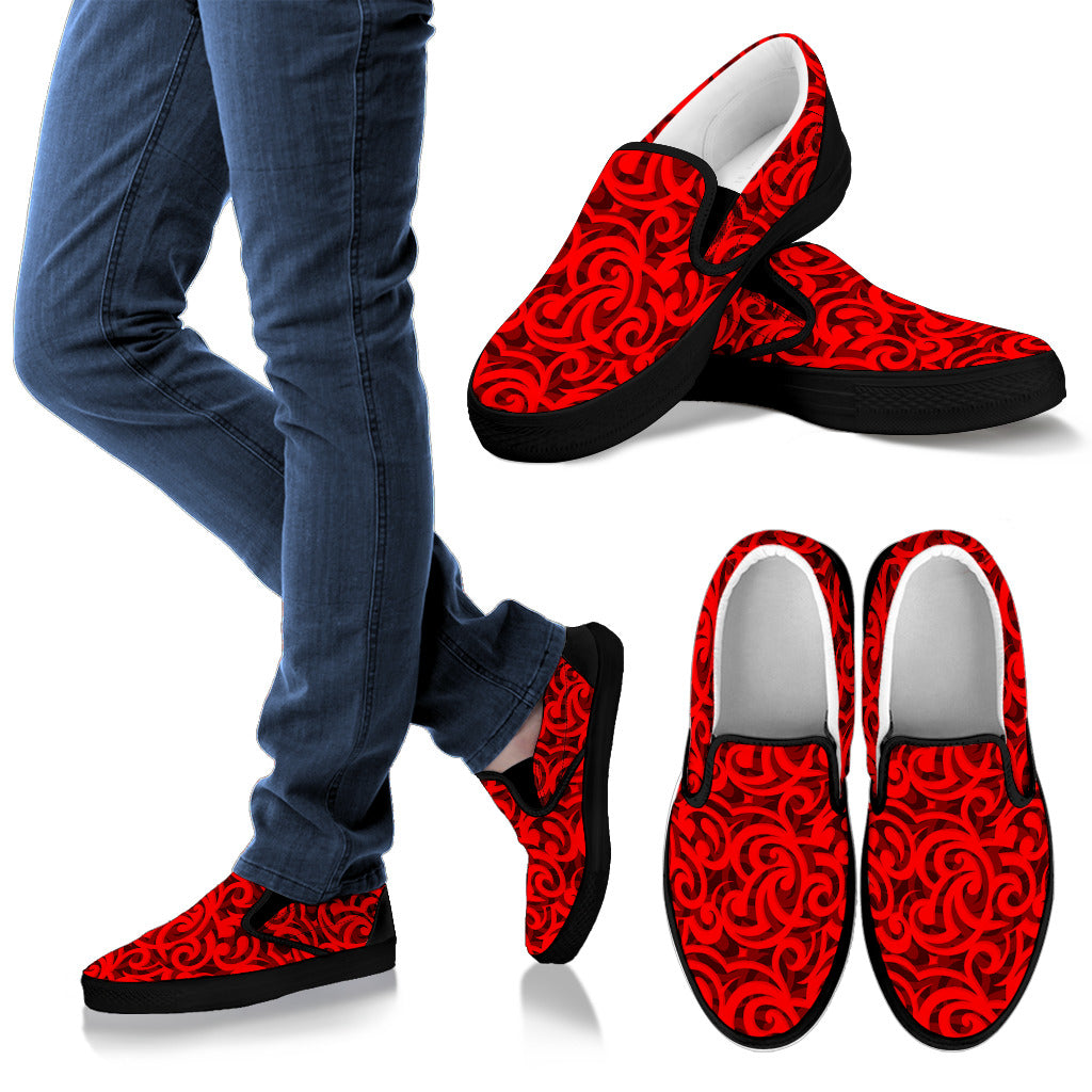 Maori Red Themed Design Print Men Slip Ons Shoes