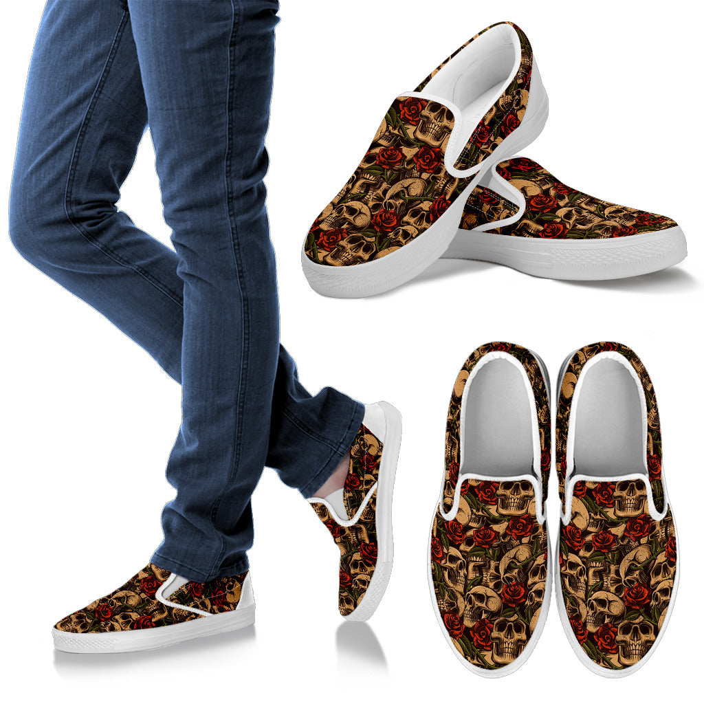 Skull Roses Vintage Design Themed Print Men Slip Ons Shoes