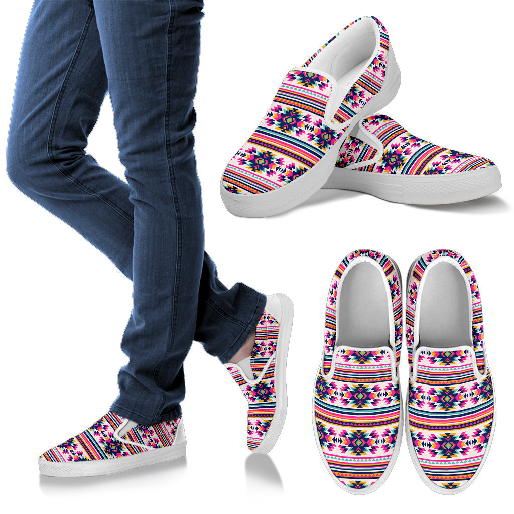 Indian Navajo Neon Themed Design Print Men Slip Ons Shoes