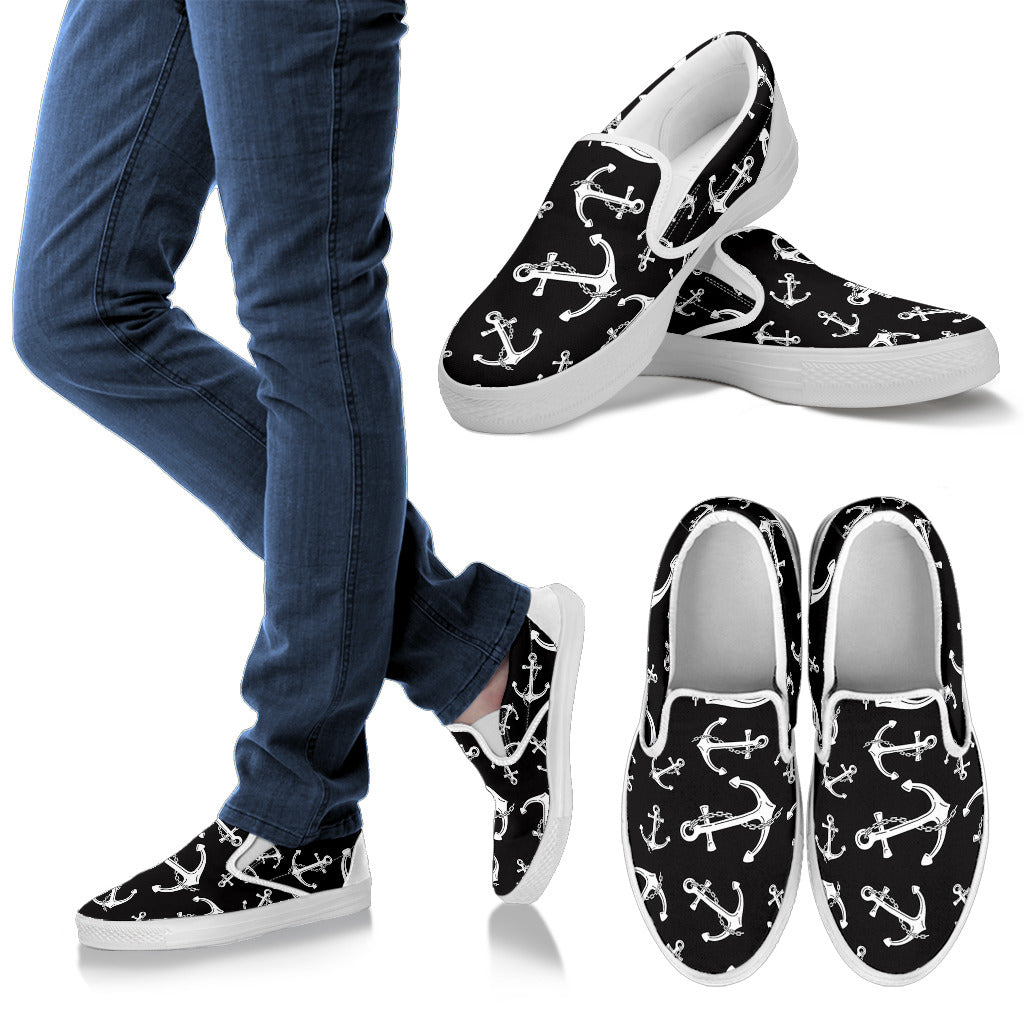 Anchor Black White Men Slip Ons Shoes