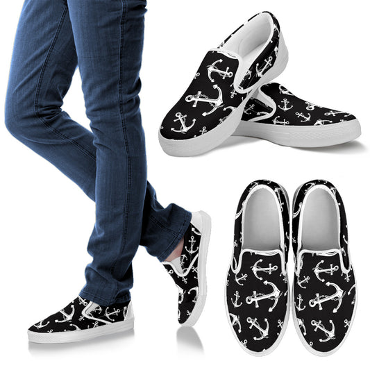 Anchor Black White Men Slip Ons Shoes