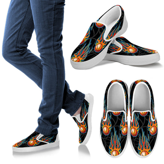 Basketball Fire Print Pattern Men Slip Ons Shoes