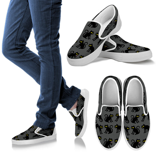 Black Cat Cute Print Pattern Men Slip Ons Shoes