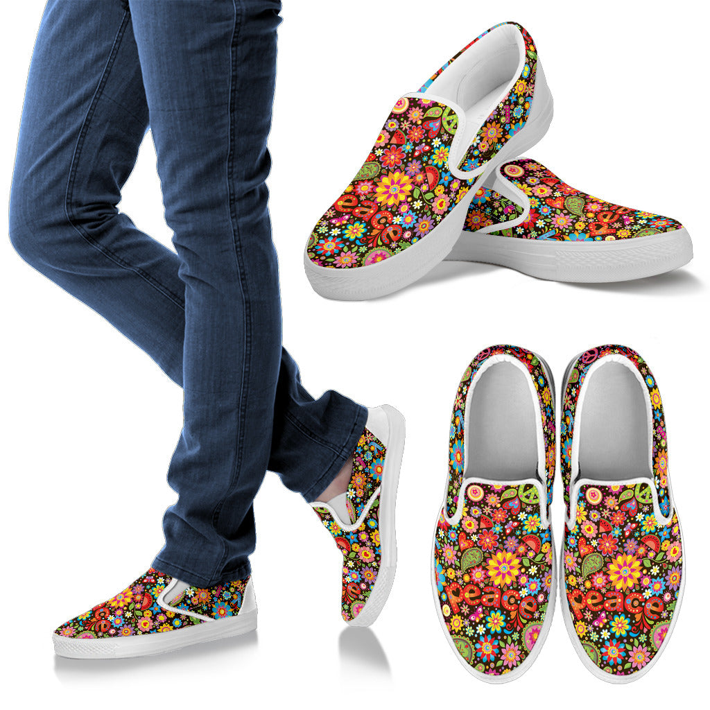 Flower Power Peace Paisley Themed Print Men Slip Ons Shoes