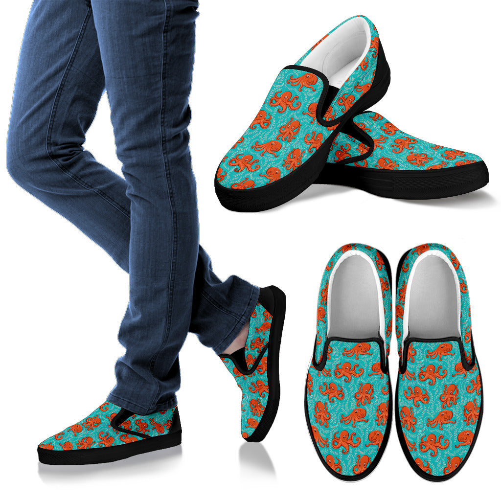 Octopus Cartoon Design Print Themed Men Slip Ons Shoes
