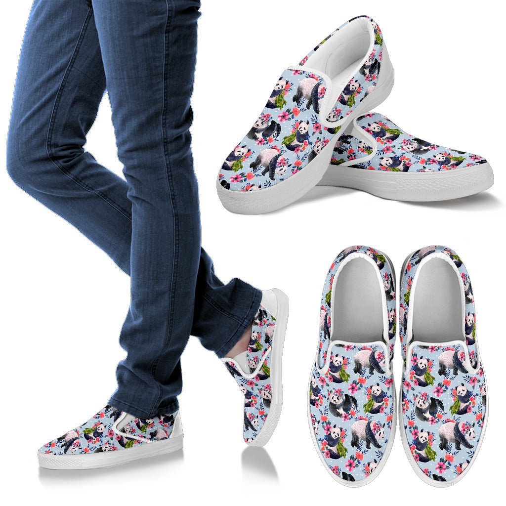 Panda Bear Flower Design Themed Print Men Slip Ons Shoes