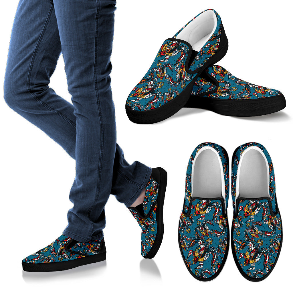 Sea Turtle Tribal Colorful Hand Drawn Men Slip Ons Shoes