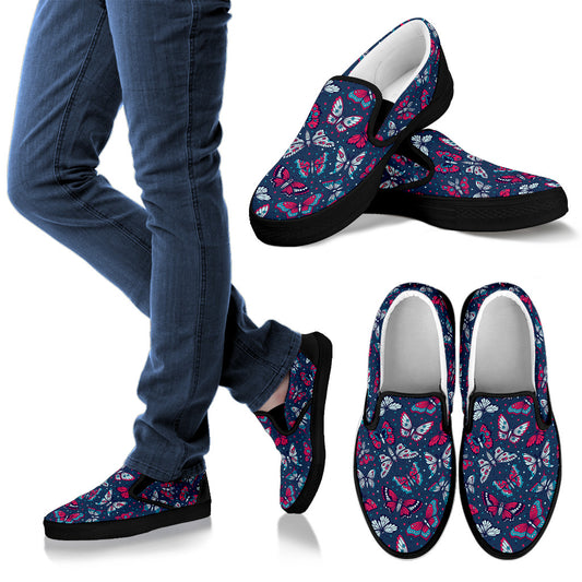 Butterfly Red Deep Blue Print Pattern Men Slip Ons Shoes
