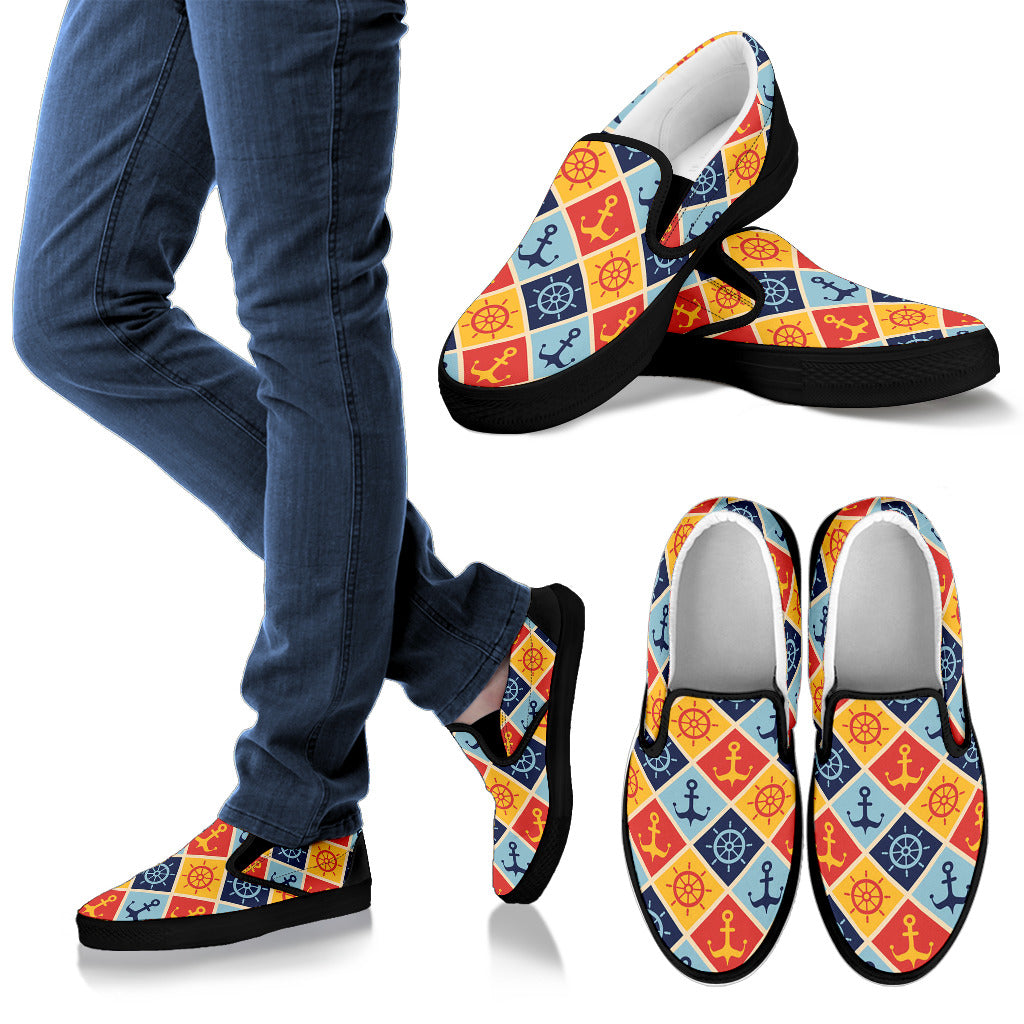 Nautical Pattern Design Themed Print Men Slip Ons Shoes