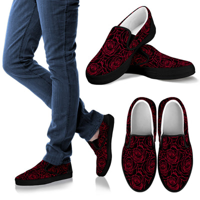 Red Rose Design Print Men Slip Ons Shoes