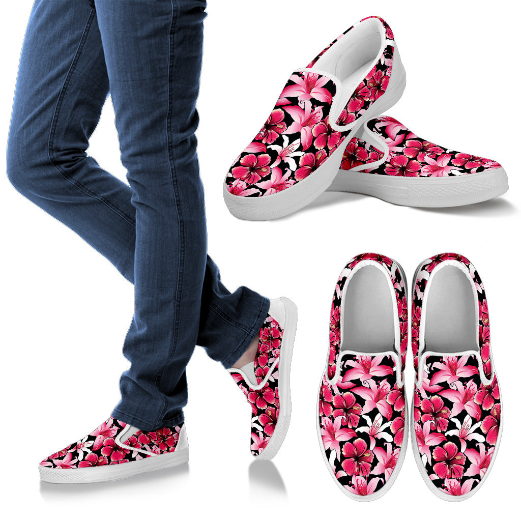 Flower Hawaiian Pink Red Hibiscus Print Men Slip Ons Shoes