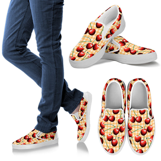 Cherry Orange Plaid Print Men Slip Ons Shoes