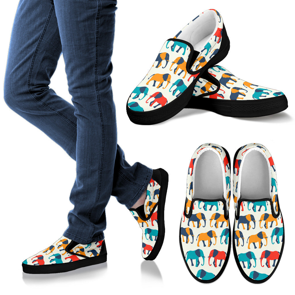 Elephant Colorful Print Pattern Men Slip Ons Shoes
