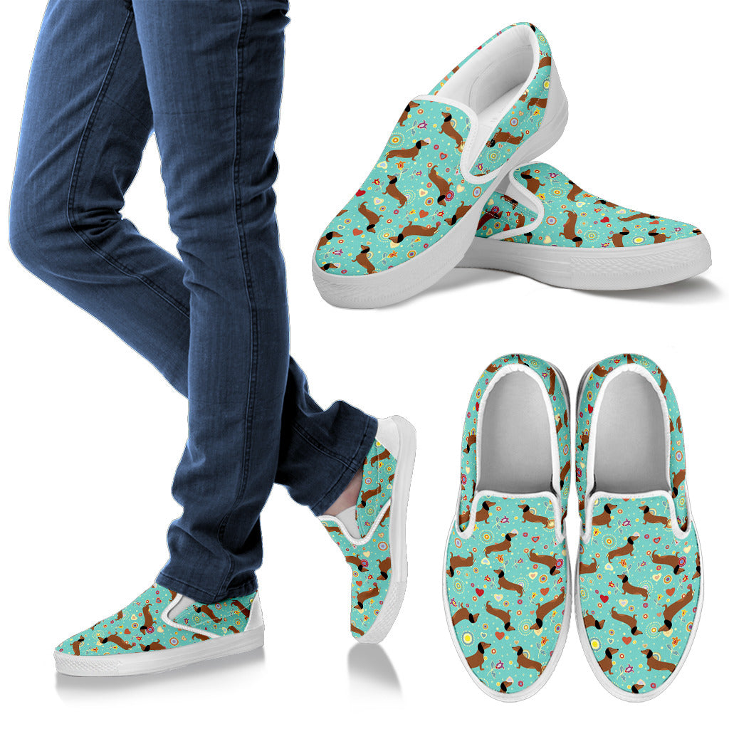 Dachshund with Floral Print Pattern Men Slip Ons Shoes