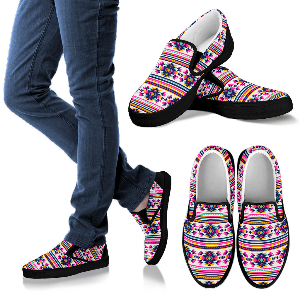 Indian Navajo Neon Themed Design Print Men Slip Ons Shoes