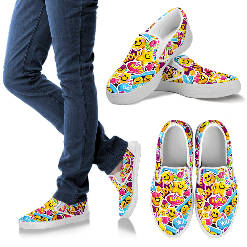 Emoji Sticker Print Pattern Men Slip Ons Shoes
