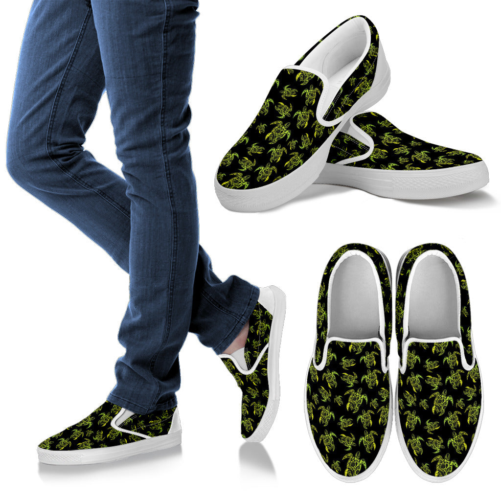 Green Tribal Turtle Polynesian Themed Men Slip Ons Shoes