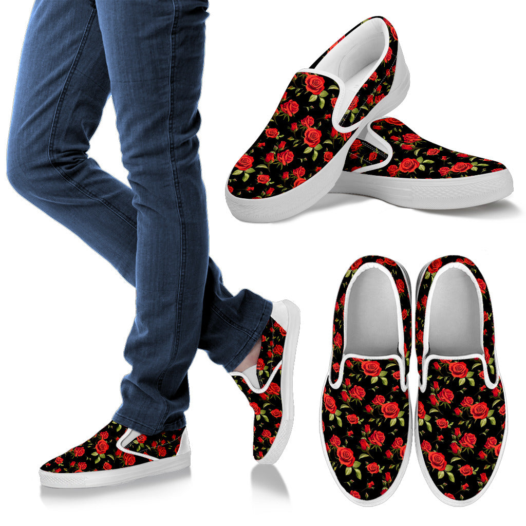 Red Rose Themed Print Men Slip Ons Shoes