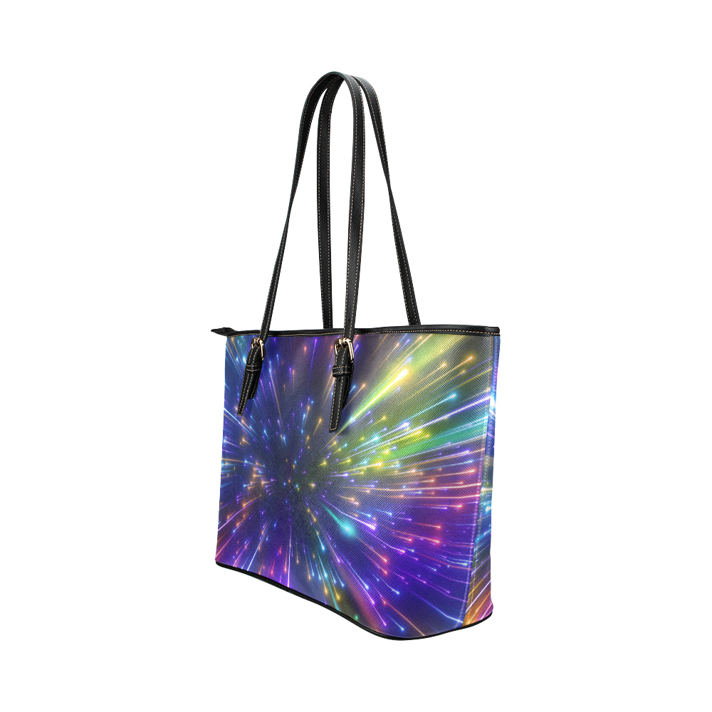 Celestial Rainbow Speed Light Leather Tote Bag