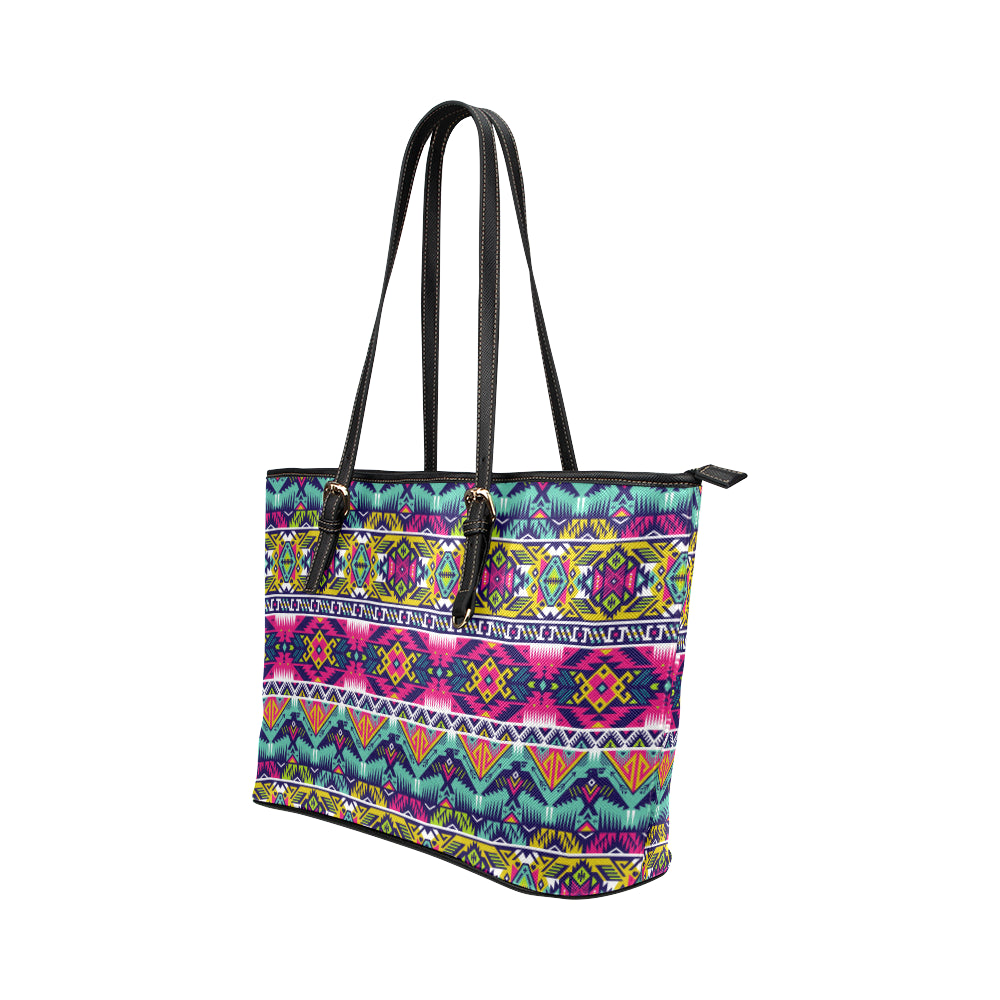 Indian Navajo Color Themed Design Print Leather Tote Bag