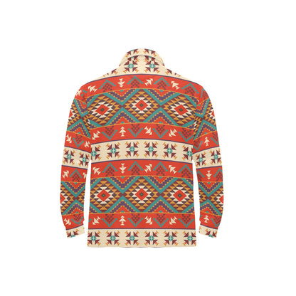 Aztec Red Print Pattern Long Sleeve Polo Shirt For Men's