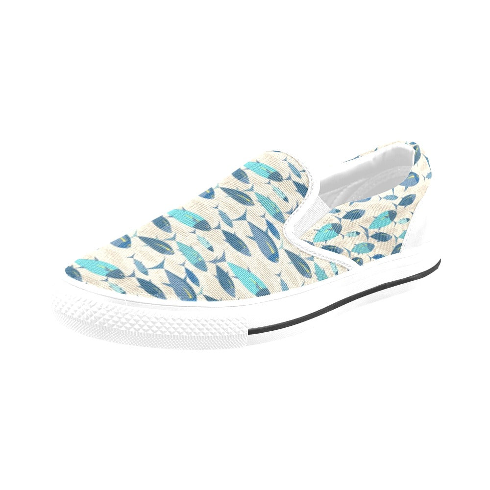 Tuna Fish Print Design LKS302 White Slip Ons Canvas Women's Shoes