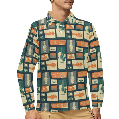 Acoustic Guitar Pattern Print Design 02 Long Sleeve Polo Shirt For Men's