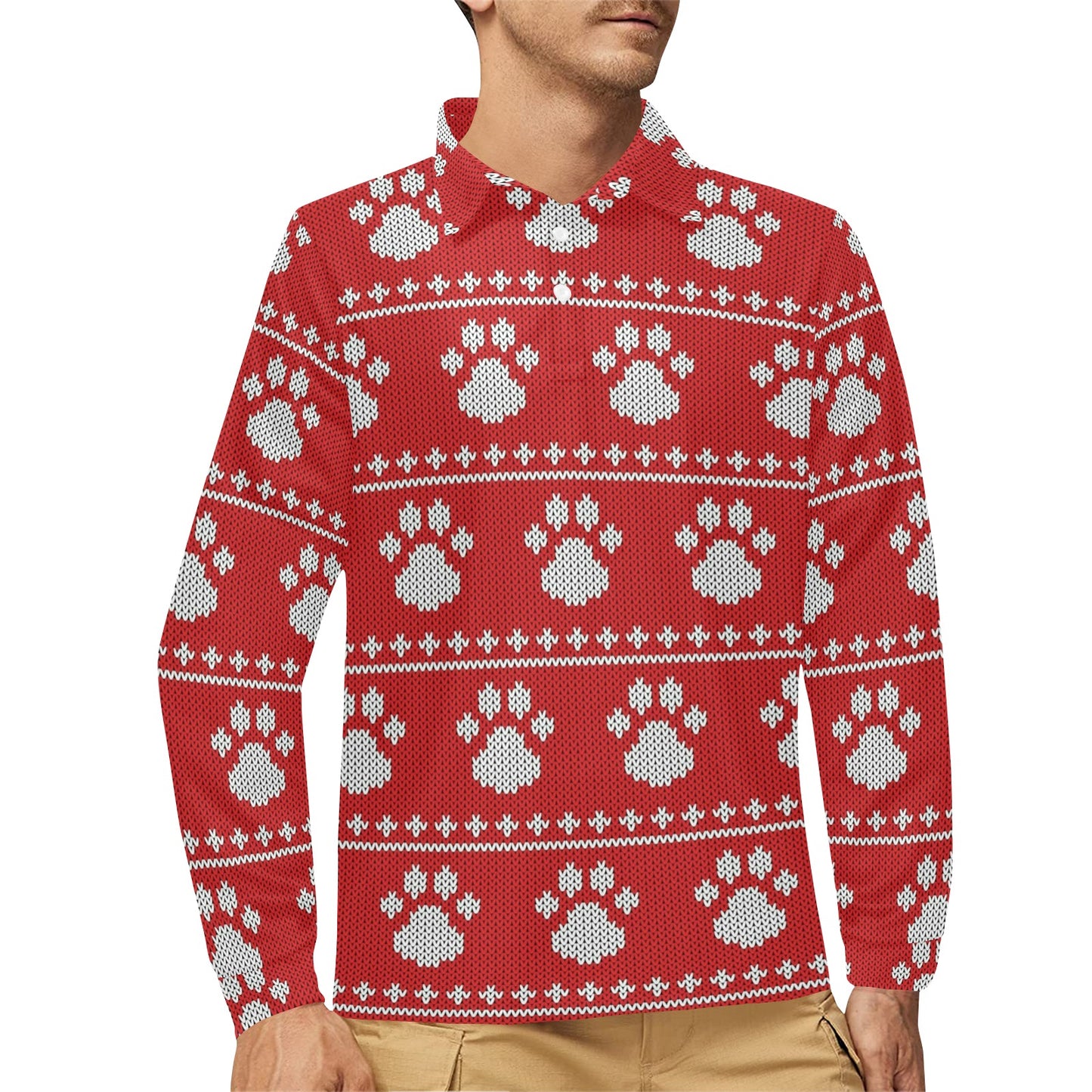 Knit Paw Pattern Print Design 03 Long Sleeve Polo Shirt For Men's
